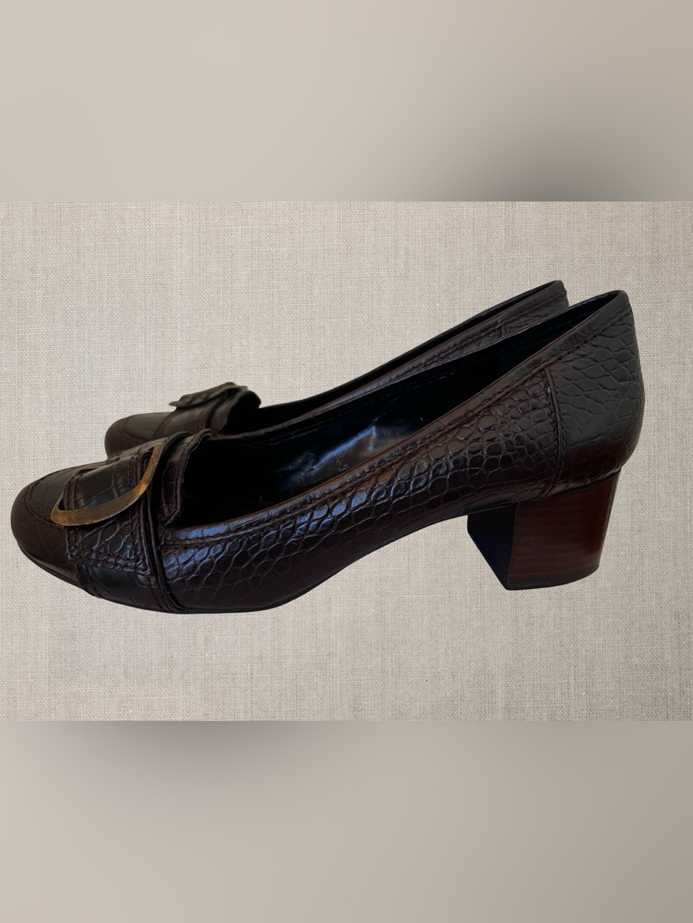 Enzo Angiolini Vintage Brown Croc Embossed Leather Pumps Buckle Block Heel